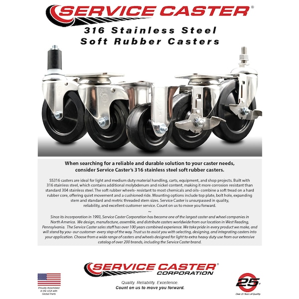 3 Inch 316SS Soft Rubber Wheel Swivel 10mm Threaded Stem Caster SCC